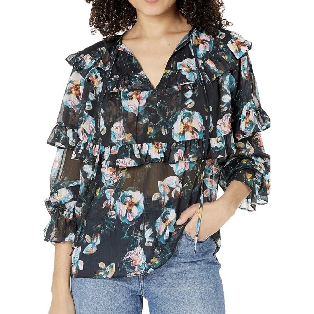 BCBGMAXAZRIA‎ BCBG Max Azria Top Floral Sheer Metallic Black Pirate Blouse Fairy